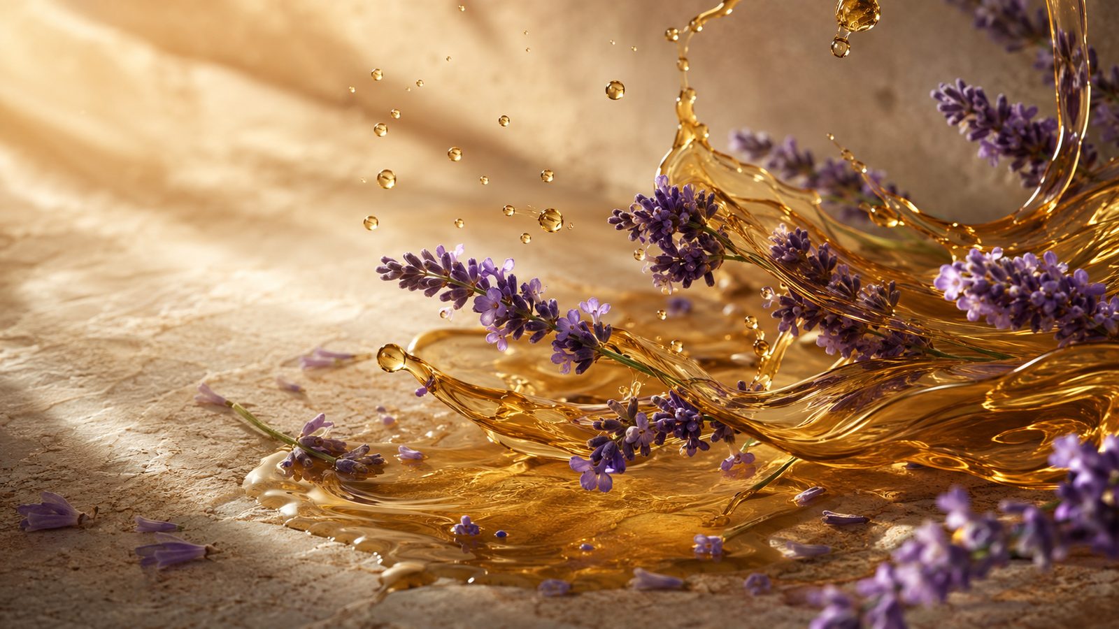 Luminous golden botanical oil flowing in ribbons through fresh lavender sprigs