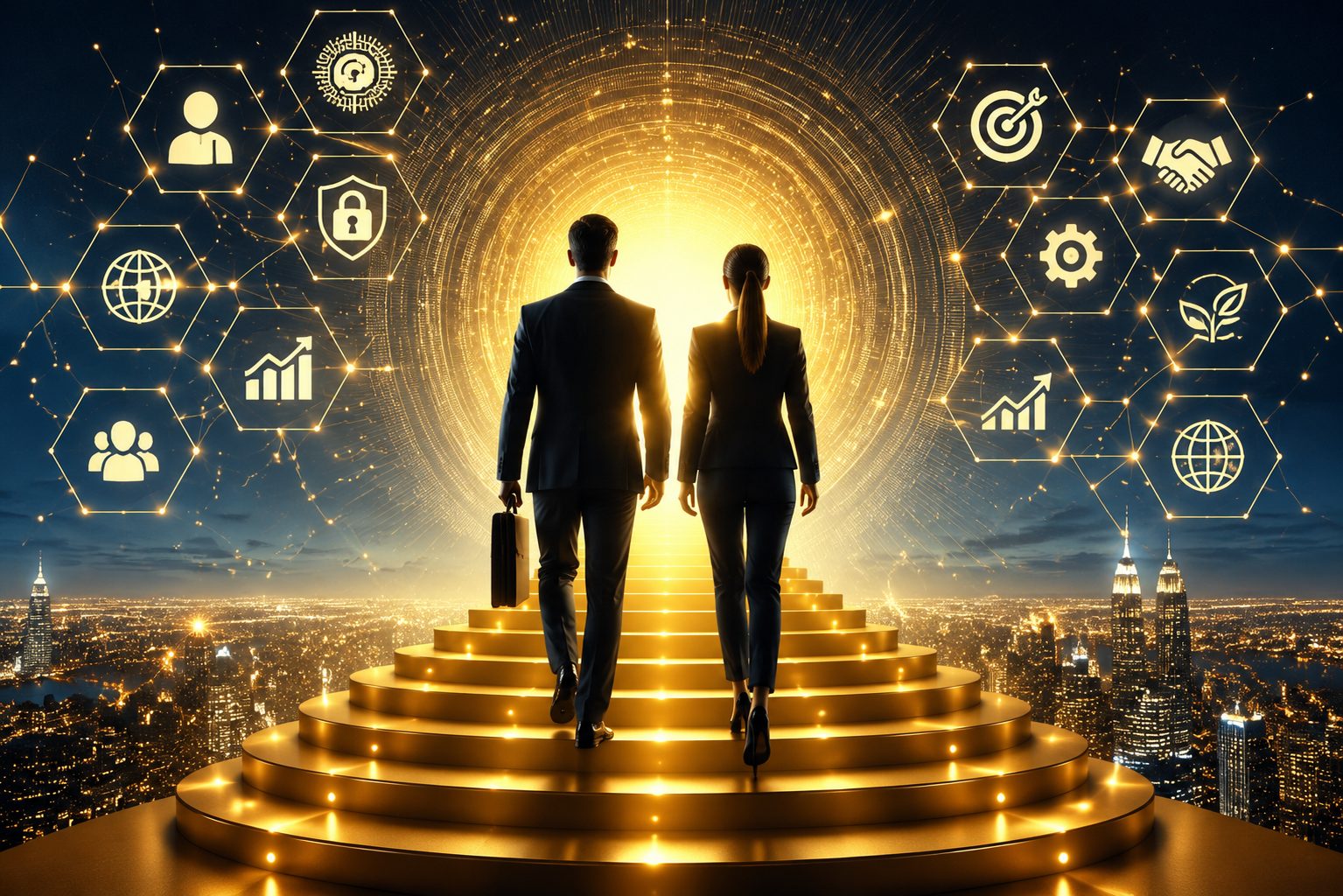 Two professionals walking a luminous golden staircase toward a network of connected opportunity icons