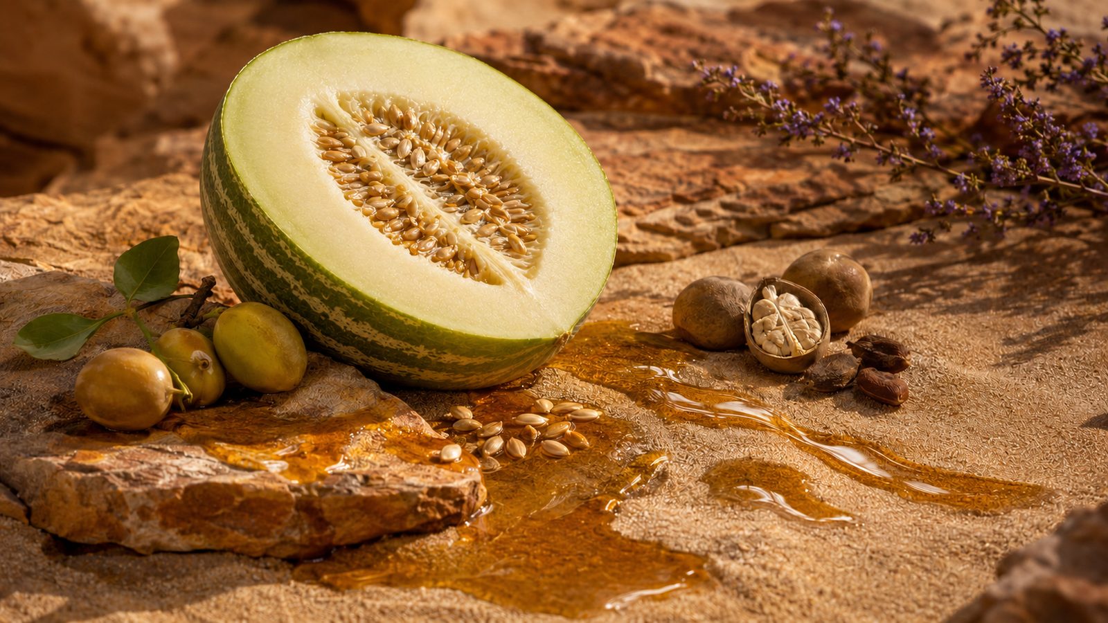 Kalahari melon, indigenous seeds and flowing golden botanical oil on warm African stone