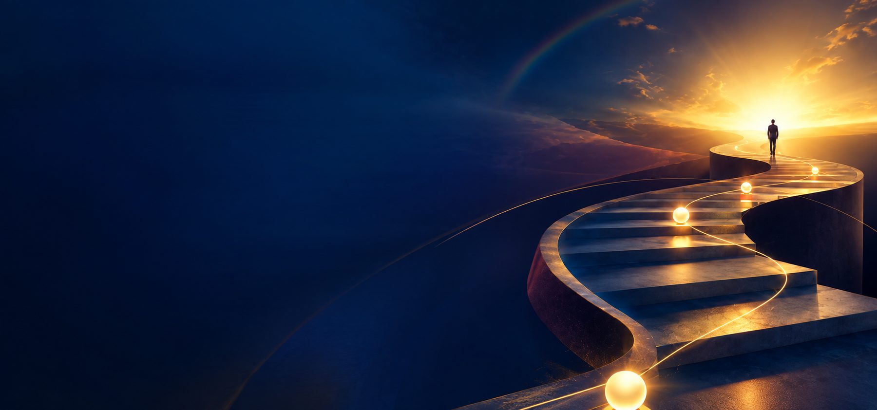 A silhouetted figure walking a luminous winding staircase toward a sunrise and rainbow, symbolising a lifelong development journey